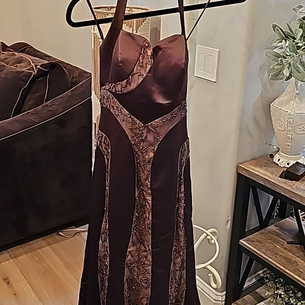 Sue Wong Brown and Bronze Embellished Satin Evening Gown